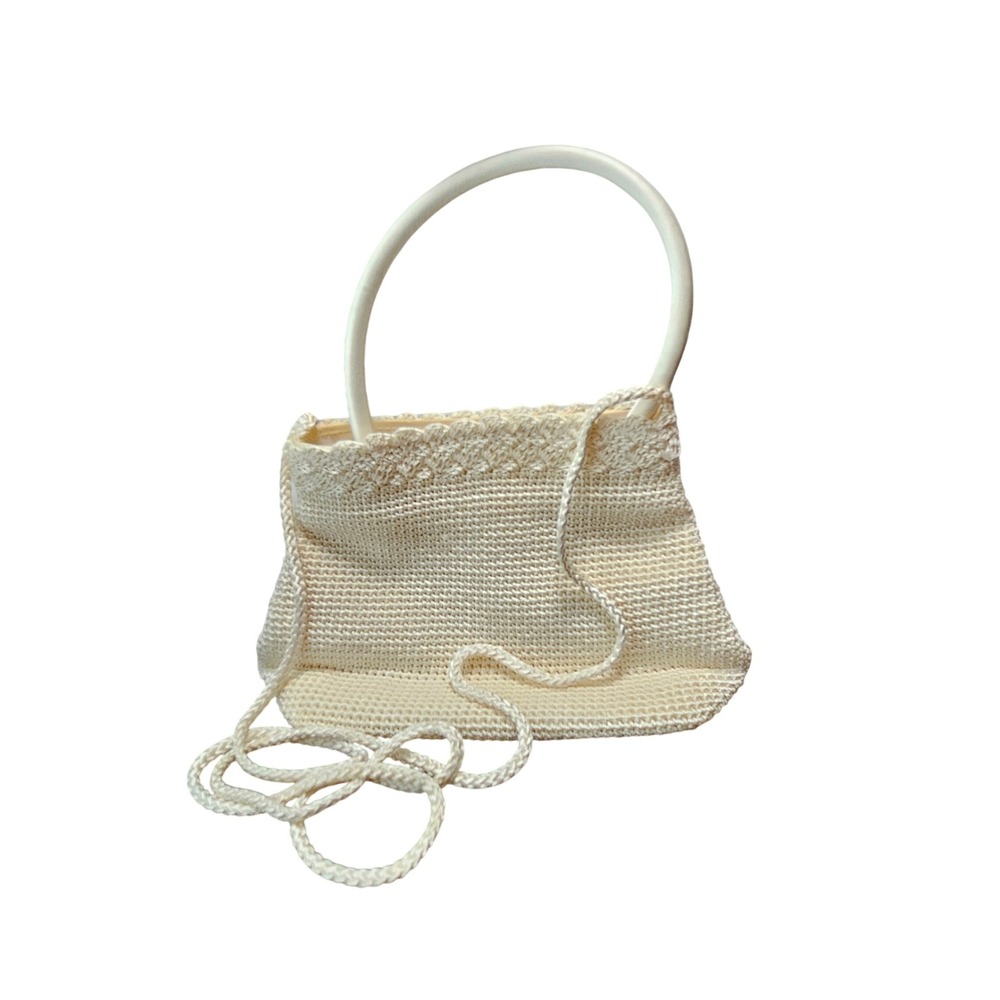 Vintage Cream Crochet Handbag Crossbody Bag Scalloped Trim Ivory Wedding Purse